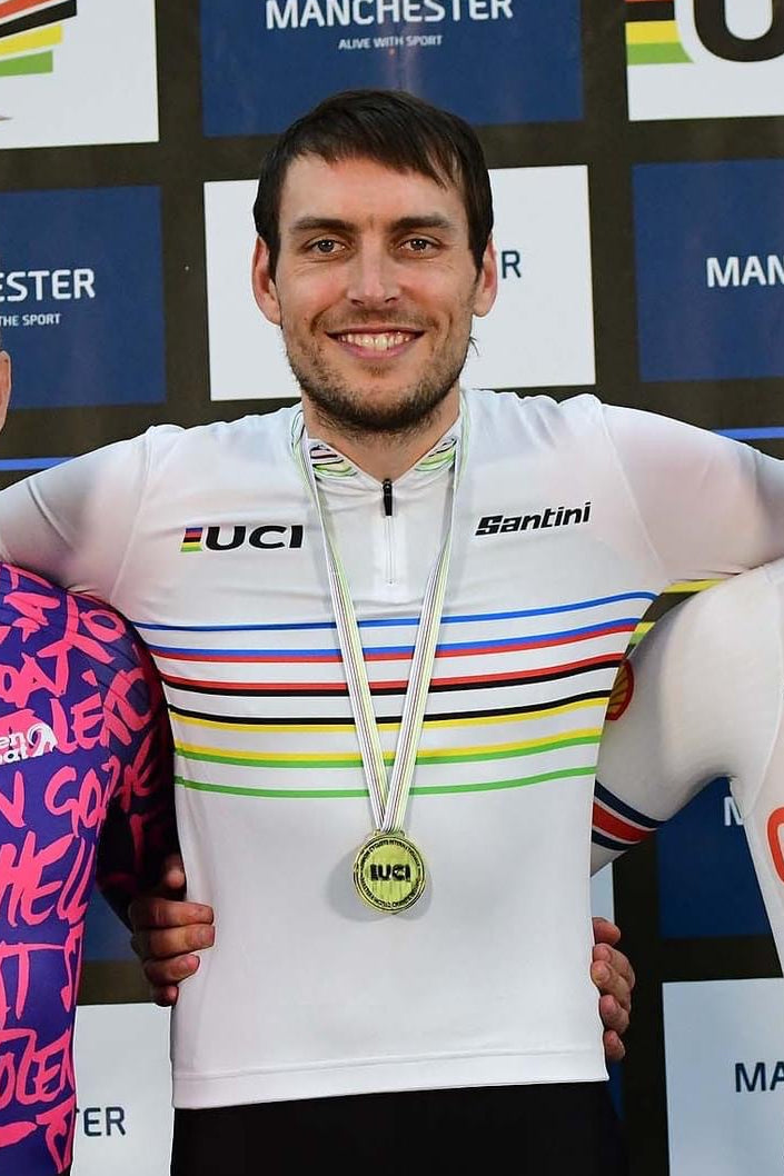 Andrew Magnier scratch race podium at the 2023 World Masters Track Champs, photo courtesy of Velo UK.